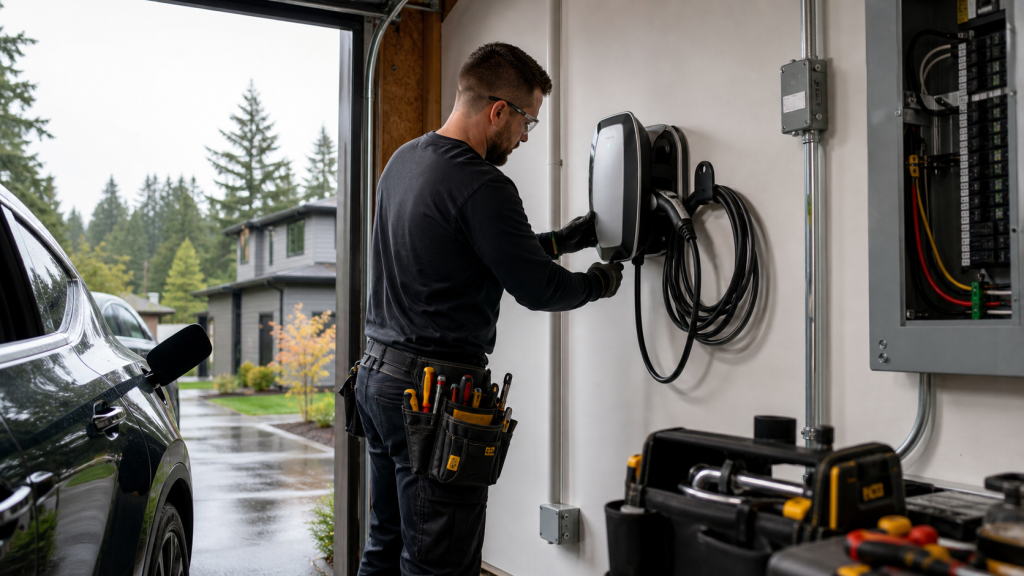 Electrician installing a residential EV charger beside an electrical panel and electric vehicle